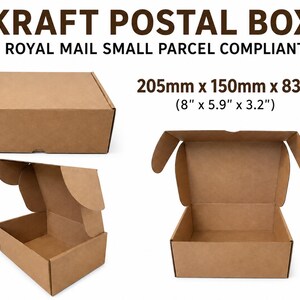 May include: A brown kraft postal box with the text KRAFT POSTAL BOX ROYAL MAIL SMALL PARCEL COMPLIANT. The box measures 8 inches by 5.9 inches by 3.2 inches. The image shows the box in a closed position and two open positions from different angles.