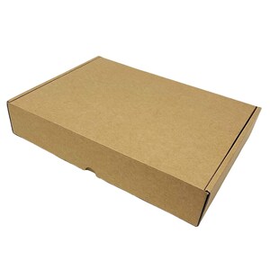 Royal Mail small parcel compliant postal box, 
Kraft E-flute corrugated cardboard postal box
