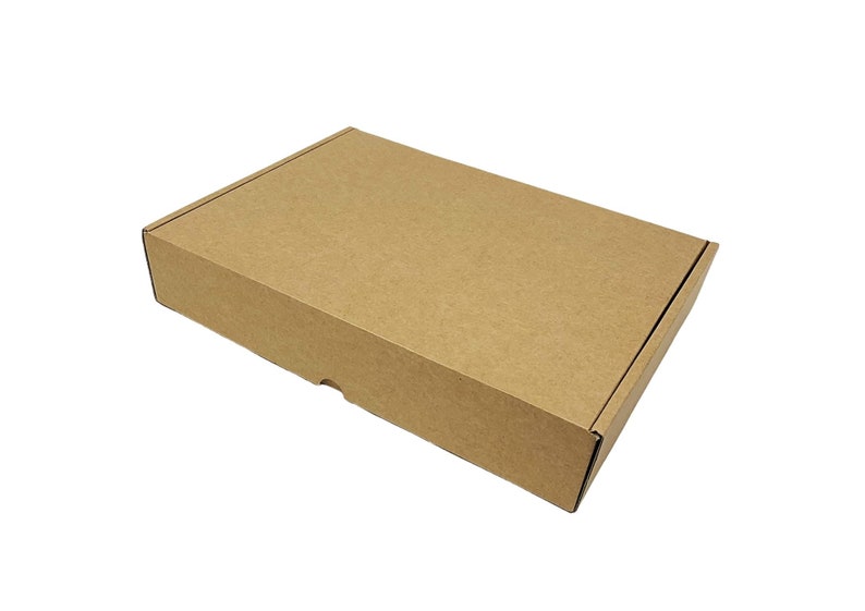 Royal Mail small parcel compliant postal box, 
Kraft E-flute corrugated cardboard postal box