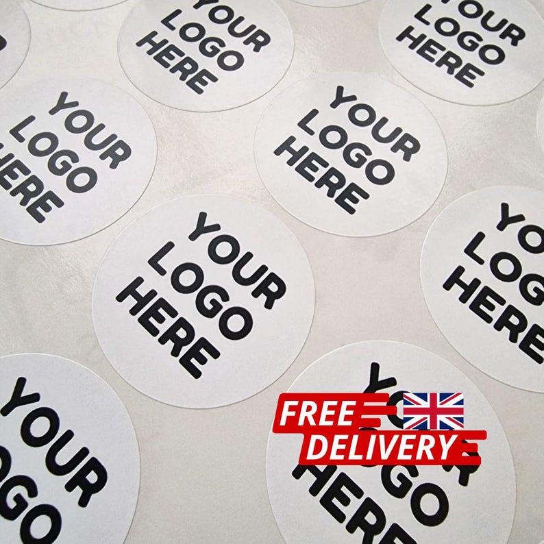 Custom business logo stickers and labels printed on a sheet, featuring round white adhesive stickers with a placeholder logo design. Ideal for product packaging, branding, small business marketing, and personalised logo labels.