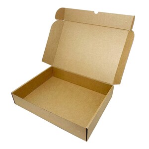 May include: A rectangular cardboard shipping box made of brown corrugated material. The box is shown in an open position with the lid hinged upward, revealing a flat bottom interior and four side walls with integrated folding flaps.
