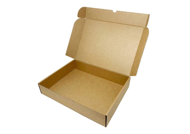 May include: A rectangular cardboard shipping box made of brown corrugated material. The box is shown in an open position with the lid hinged upward, revealing a flat bottom interior and four side walls with integrated folding flaps.