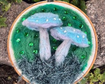 Stophaire Vert-De-Gris Blue Mushroom- Needle Felted Landscape- 6 Inches