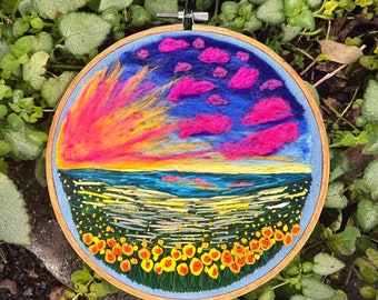 Marigold Field at Sunset- Hand Embroidery Thread Painting and Needle Felted Landscape- 8 inches