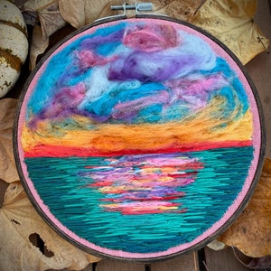 River Sunset- Hand Embroidery Thread Painting and Needle Felted Landscape- 7 inches