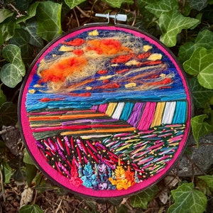 Painted Flower Hills- Hand Embroidery Thread Painting and Needle Felted Landscape- 7 inches