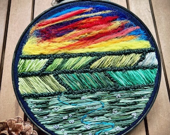 Green Fields- Hand Embroidery Thread Painting and Needle Felted Landscape- 7 inches