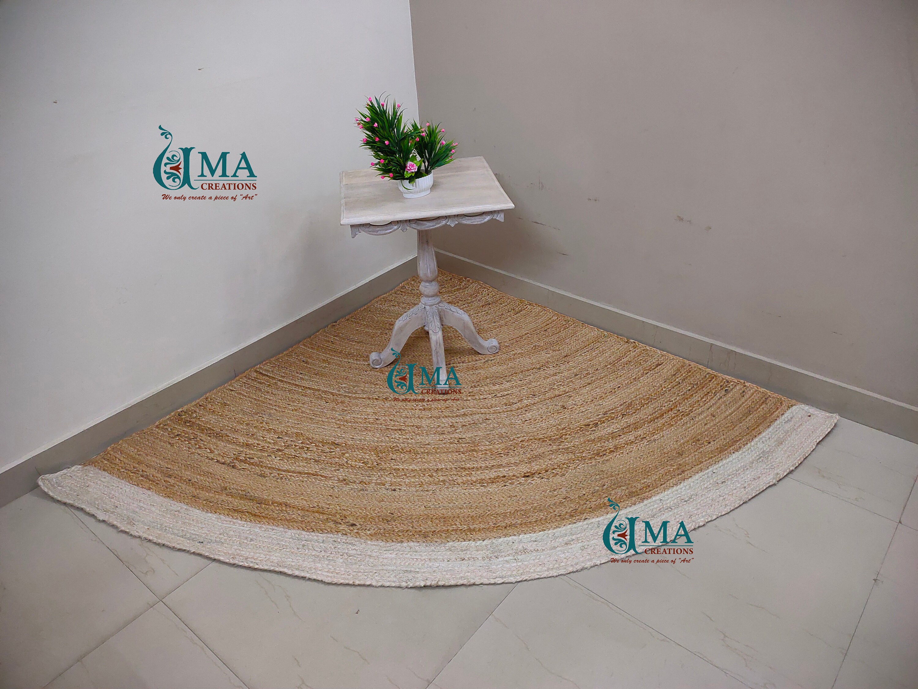 Handmade Natural Jute Beige Color White Border 1/4 Circle Shape Corner ...