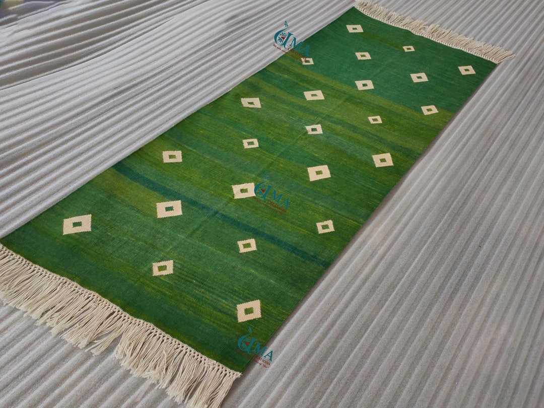 Cotton Runner Rug, Modern Handmade Natural Vegetable Dyed Dhurrie Runner Reversible Eco Friendly
