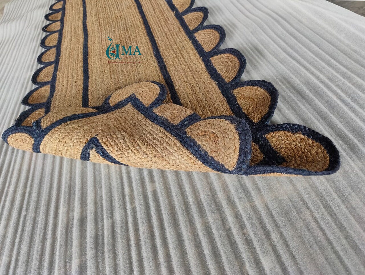 Scalloped runner rug Bohemian Jute rug With Navy Blue Etsy