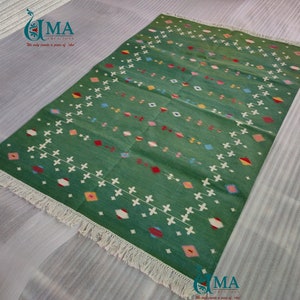 Hand Woven Cotton Flatweave Natural Vegetable Dyed Kilim Shooting Star Green Floor Rug For Living And Bedroom Custom Size Available