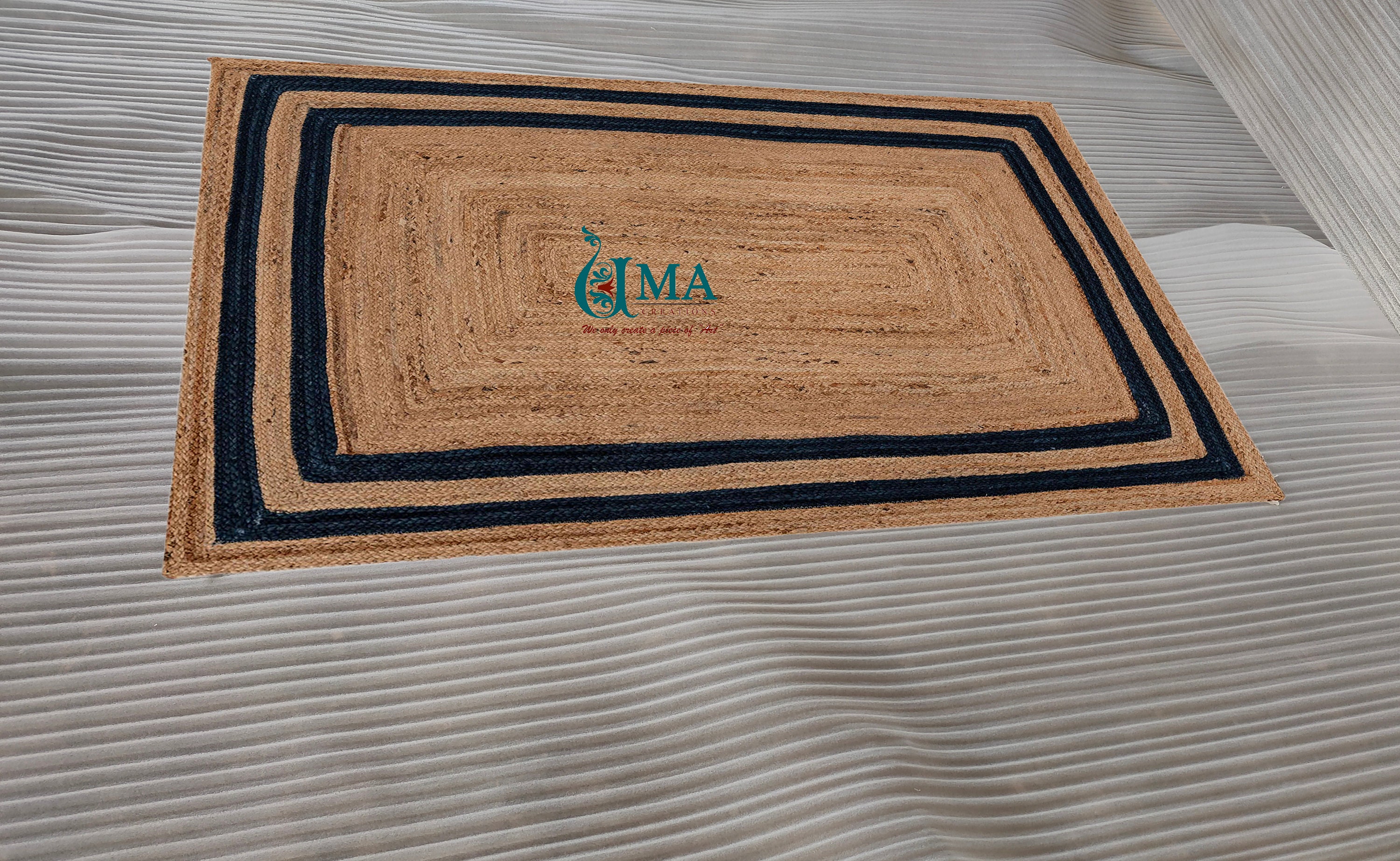 Scalloped rug runner Jute Bohemian rug With Navy Blue Etsy