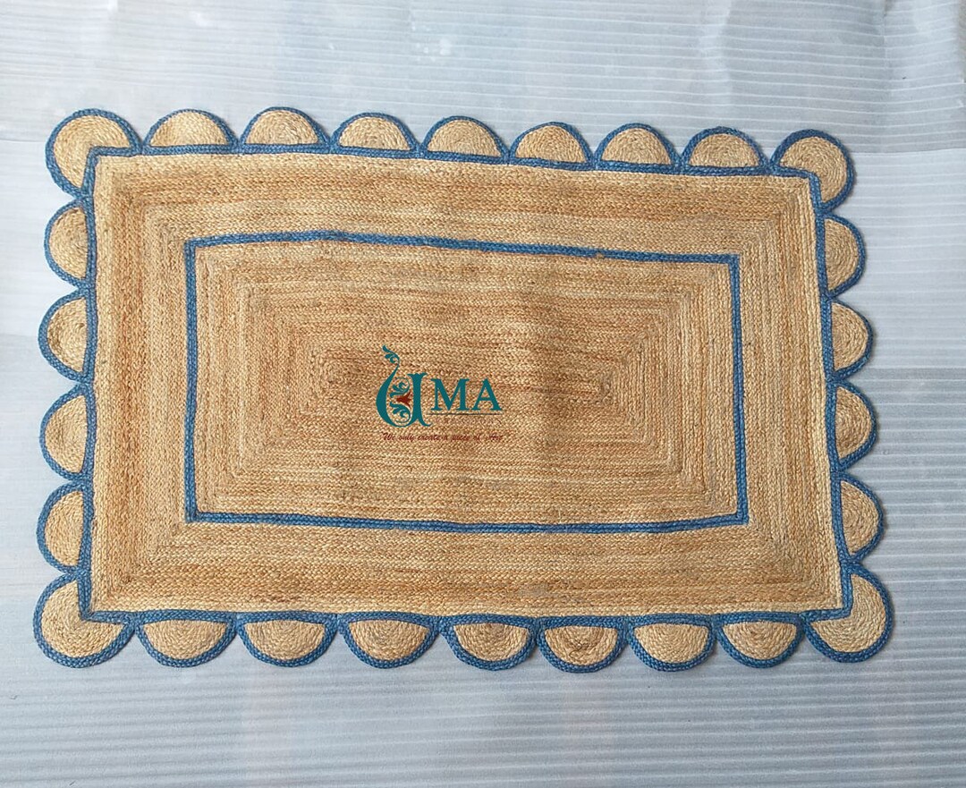 Natural Scalloped Jute Blue Scallop Jute Runner Rug Runner Custom Rug
