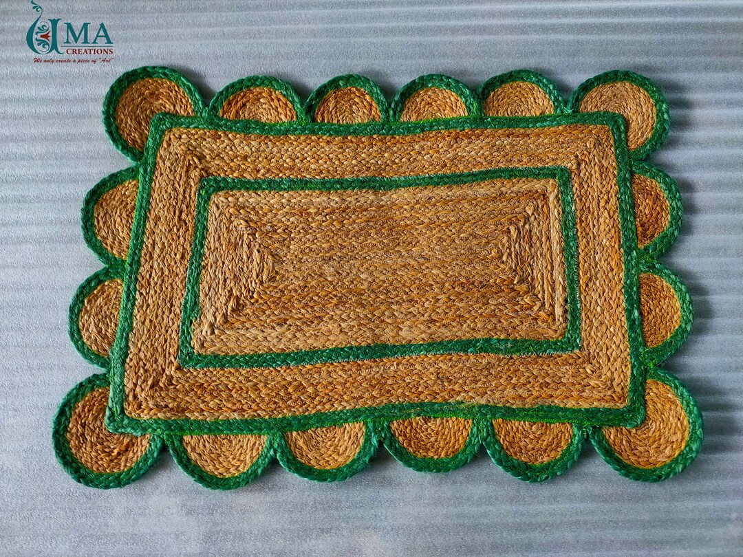 2x3 Green Scalloped Jute Rug, Doormat, Scallop Rug Doormat, Handmade Doormat, Antique Doormat