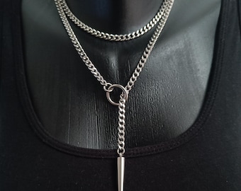 Silver Steel Wrap Choker with O Ring Spike Pendant, Silver Slip Chain, Durable 5mm Curb Chain, Adjustable Stainless Lariat Necklace Gift UK