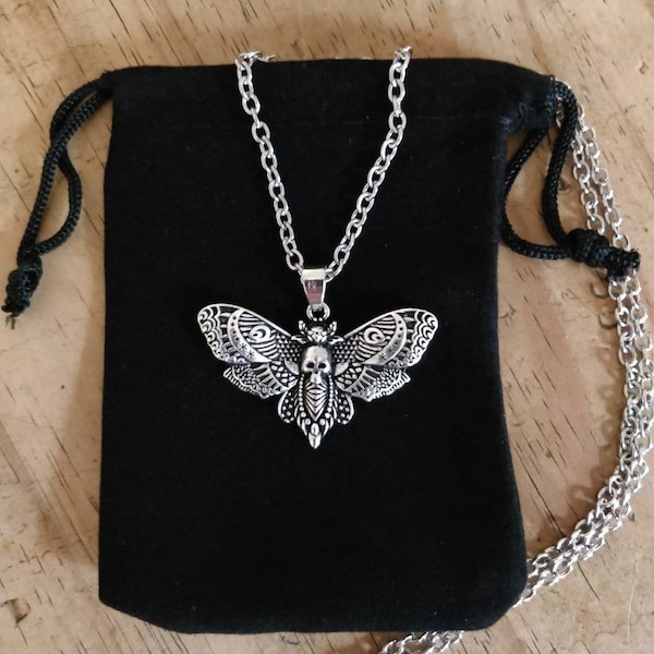 Death Moth Head Butterfly Hawkmoth Gothic Witchy Skull Pendant Silver Plated Stainless Steel Chain Necklace Including Jewellery Gift Bag
