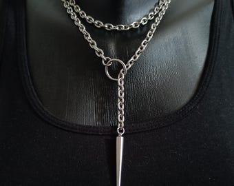 Silver Steel Wrap Choker with O Ring Spike Pendant, Slip Chain Necklace, Chunky Rolo Chain, Adjustable Stainless Lariat Necklace Gift