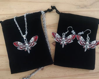 Blood Red Death Moth Head Necklace Earrings Set, Butterfly Pendant, Hawkmoth Gothic Charm, Silver Stainless Steel Chain, Jewellery Gift Bag