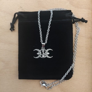 Triple Moon Goddess Necklace, Crescent Moon Phase Pendant, Silver Stainless Steel Chain, Jewellery Gift for Her Witchy Gothic Goddess