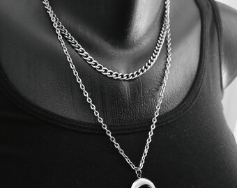Silver Horn Moon Necklace: Stainless Steel Layered Pendant, Y2K Alternative Gift