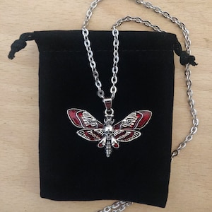 Blood Red Death Moth Head Hawkmoth Gothic Witchy Skull Pendant Silver Plated Stainless Steel Chain Necklace Including Jewellery Gift Bag