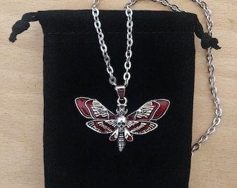 Blood Red Death Moth Head Hawkmoth Gothic Witchy Skull Pendant Silver Plated Stainless Steel Chain Necklace Including Jewellery Gift Bag