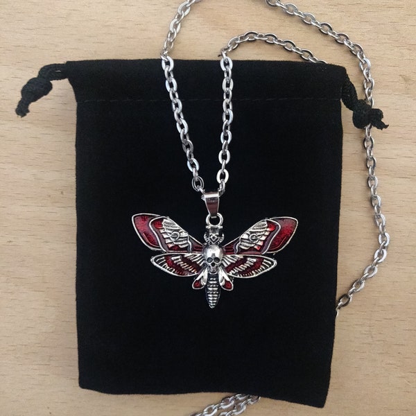 Blood Red Death Moth Head Hawkmoth Gothic Witchy Skull Pendant Silver Plated Stainless Steel Chain Necklace Including Jewellery Gift Bag