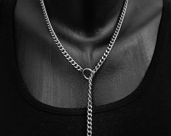 Silver Steel Lariat Necklace With T Bar Pendant, O Ring Choker, Heavy Durable Stainless Steel 5mm Curb Chain, Edgy Slip Chain Jewellery Gift