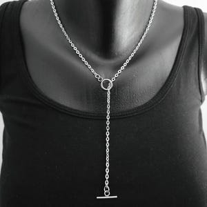 Stainless Steel Slip Chain Lariat Y Necklace, O Ring Choker, T Bar Pendant, Oval Cable Chain, Alternative Silver Punk Jewellery Fashion Gift