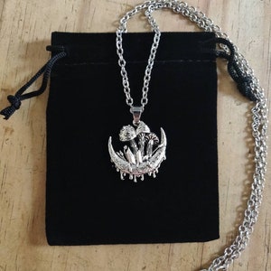 Moon Magical Mushroom Forest Necklace, Fairytale Gothic Witchy Pagan Pendant, Silver Stainless Steel Chain With Jewellery Gift Bag UK