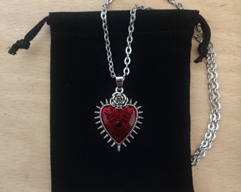 Evil Eye Gothic Sacred Heart Necklace Pendant Charm On A Silver Stainless Steel Chain Including Jewellery Gift Bag
