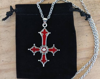 Blood Red Inverted Cross Gothic Witchy Necklace Pendant On A Silver Stainless Steel Chain Including Jewellery Gift Bag