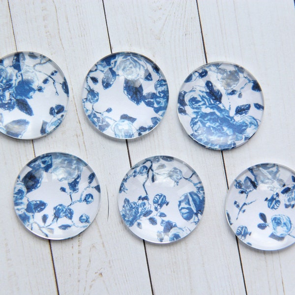 Blue and White Floral Magnets - Set of 6 Magnets - Blue and White Magnets - Cabochon Magnets - Gift for Mom - Fridge Magnet - Gift for Women