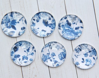 Blue and White Floral Magnets - Set of 6 Magnets - Blue and White Magnets - Cabochon Magnets - Gift for Mom - Fridge Magnet - Gift for Women