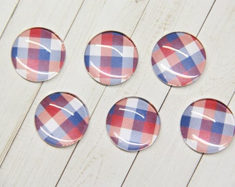 Patriotic Magnets - Set of 6, 1 inch Cabochon Magnets - Red, White, and, Blue Magnets - Gingham Magnets - Fridge Magnets