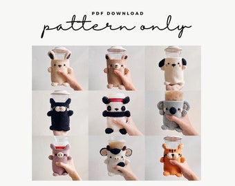 Pdf Pattern Cute Animals Eco Beverage, Crochet Cozy Beverage Holder, Coffee Sleeve, Starbuck, Grande Cup, crochet pattern