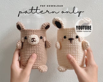 YOUTUBE + Pdf Pattern Bear & Rabbit Eco Beverage, Crochet Cozy Beverage Holder, Coffee Sleeve, Starbuck, Grande Cup, crochet pattern