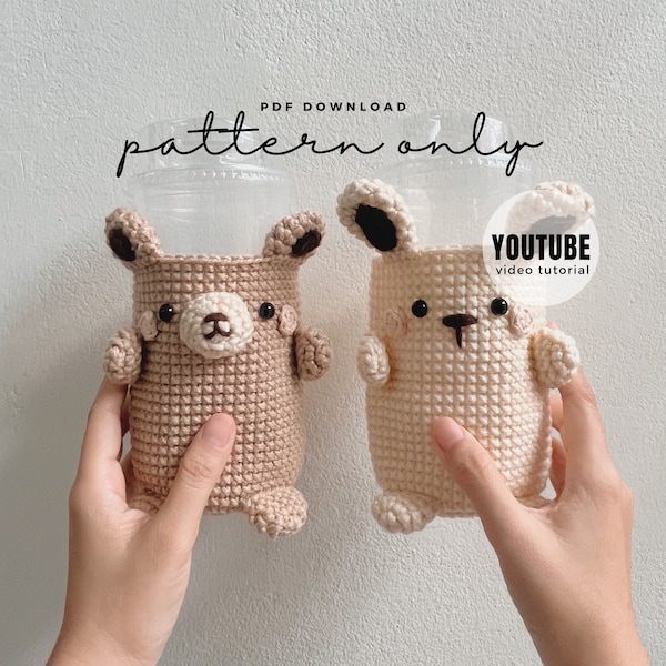 YOUTUBE + Pdf Pattern Bear & Rabbit Eco Beverage, Crochet Cozy Beverage Holder, Coffee Sleeve, Starbuck, Grande Cup, crochet pattern