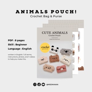 K&ouml;nnte beinhalten: Ein Bild zeigt eine H&auml;kelanleitung f&uuml;r Tierbeutel, darunter Designs wie Panda und Koala. Der Text "CUTE ANIMALS Crochet Pouch" ist auf dem Musterumschlag zu sehen. Der Text "ANIMALS POUCH! Crochet Bag & Purse" ist ebenfalls sichtbar.