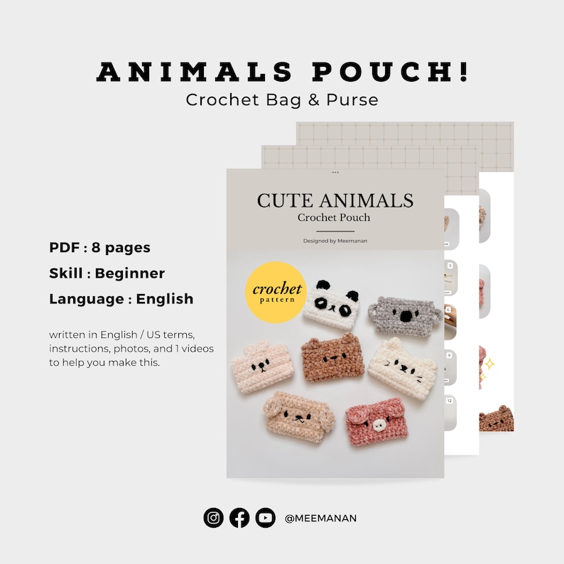 K&ouml;nnte beinhalten: Ein Bild zeigt eine H&auml;kelanleitung f&uuml;r Tierbeutel, darunter Designs wie Panda und Koala. Der Text "CUTE ANIMALS Crochet Pouch" ist auf dem Musterumschlag zu sehen. Der Text "ANIMALS POUCH! Crochet Bag & Purse" ist ebenfalls sichtbar.