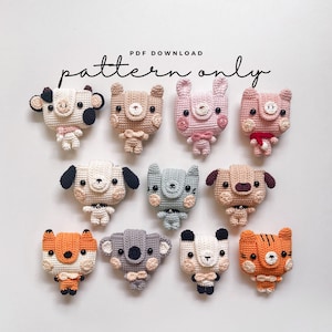 以下が含まれることがあります： 12種類の編みぐるみ動物のパターンを集めました。パターンには、牛、熊、ウサギ、豚、犬、コアラ、キツネ、トラが含まれています。パターンはPDFファイルとしてダウンロードできます。  PDF DOWNLOAD pattern only