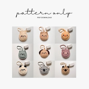 May include: Nine crochet animal-themed AirPod cases in various colors, including a bunny, bear, pig, cat, dog, panda, koala, and a chick. Each case has a loop and is paired with a white AirPod case. The text "pattern only" and "PDF DOWNLOAD" is at the top.
