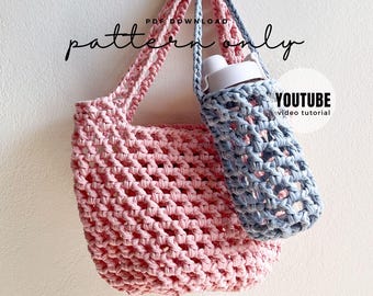 Crochet Market Bag & Water Bottle Holder Pattern, Video Tutorial (PDF Pattern)