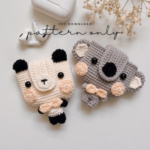 May include: Two handmade crochet AirPod cases, one cream-colored panda and one gray koala. Both cases have black button eyes, and peach-colored accents. The panda has black ears and feet, while the koala has a bow. Text on the image reads "PDF DOWNLOAD pattern only."