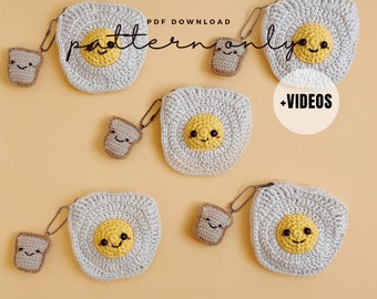 VIDEO + Pdf. Pattern Fried Egg Coin Purse with Bread Keychain, Crochet pattern, Video tutorial DIY