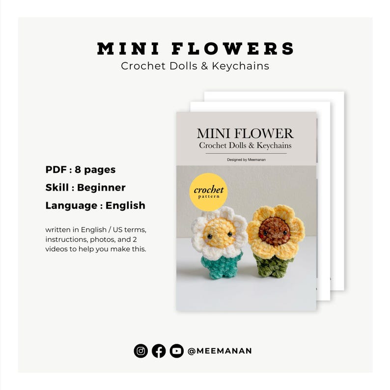 Pu&ograve; includere: Immagine di un modello all'uncinetto intitolato "MINI FLOWERS" per bambole e portachiavi all'uncinetto. Il modello include istruzioni, foto e video. Il livello di abilit&agrave; &egrave; principiante. L'immagine mostra due piccoli fiori all'uncinetto.