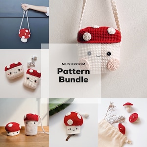 May include: A crochet pattern bundle featuring mushroom-shaped amigurumi. The bundle includes patterns for a small mushroom keychain, a larger mushroom airpod case, and a mushroom crossbody bag. The patterns are available for download and include instructions for crocheting the mushroom shapes and adding facial features.