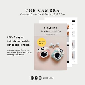 May include: The image showcases a crochet pattern for AirPods cases shaped like cameras. The pattern is designed for AirPods 1, 2, 3, and Pro models. The pattern includes instructions, photos, and a video. The text on the pattern reads "CAMERA for AirPods 1, 2, 3 & Pro".