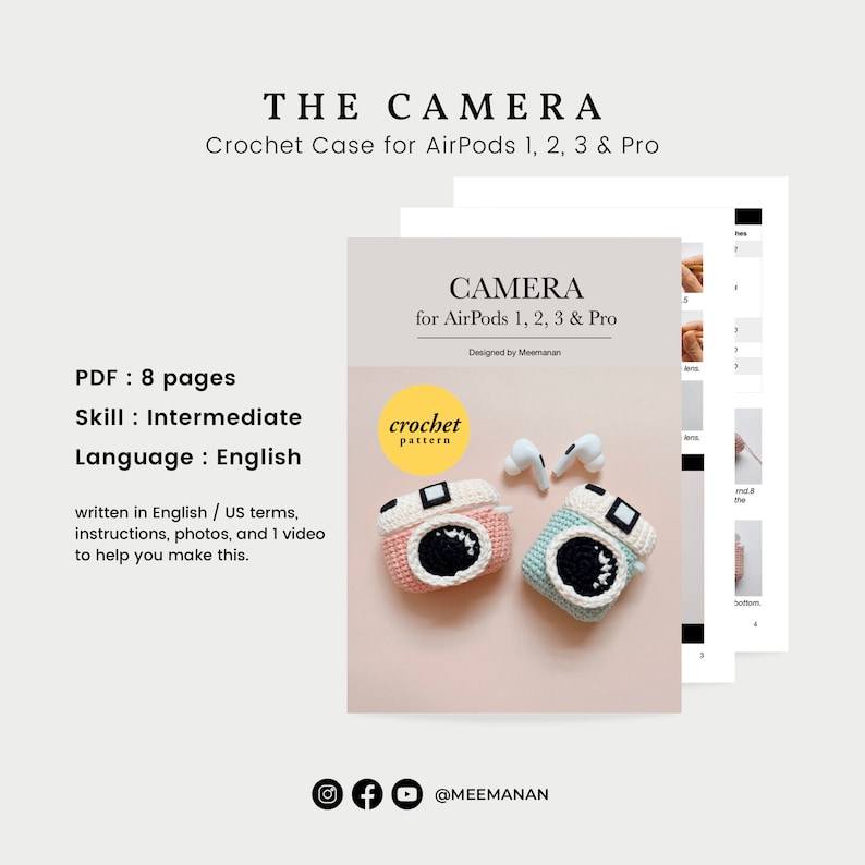 May include: The image showcases a crochet pattern for AirPods cases shaped like cameras. The pattern is designed for AirPods 1, 2, 3, and Pro models. The pattern includes instructions, photos, and a video. The text on the pattern reads "CAMERA for AirPods 1, 2, 3 & Pro".