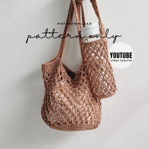 May include: A brown crocheted tote bag with a smaller brown crocheted bag inside. The tote bag has a white bottle inside. The text "PDF DOWNLOAD pattern only" and "YOUTUBE video tutorial" is visible on the image.